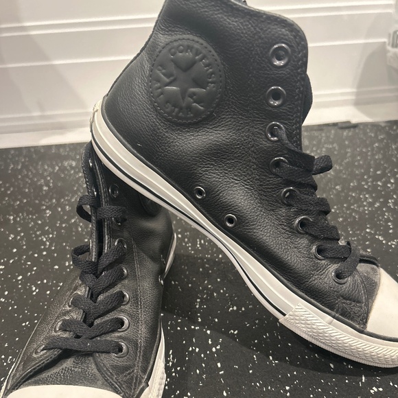 Black Faux Leather High All Star Converse High Tops - Picture 1 of 4